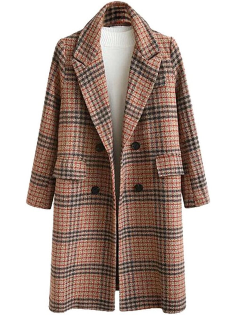 Wool Blend Plaid Double Breasted Long Peacoat Camel Oversize Lapel Winter
